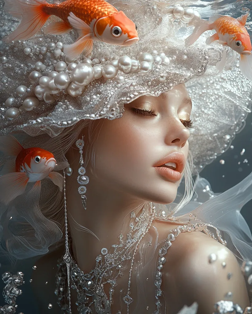Here's a description of the image:

A serene, ethereal woman is depicted, seemingly submerged in water.  Her head is adorned with a magnificent headdress of shimmering white fabric and pearls, through which orange goldfish playfully swim.  She wears delicate silver jewelry, enhancing her ethereal beauty.  The overall aesthetic is dreamy and romantic, suggesting a mystical underwater scene.  Soft lighting and a muted color palette create a sense of tranquility and otherworldly grace.