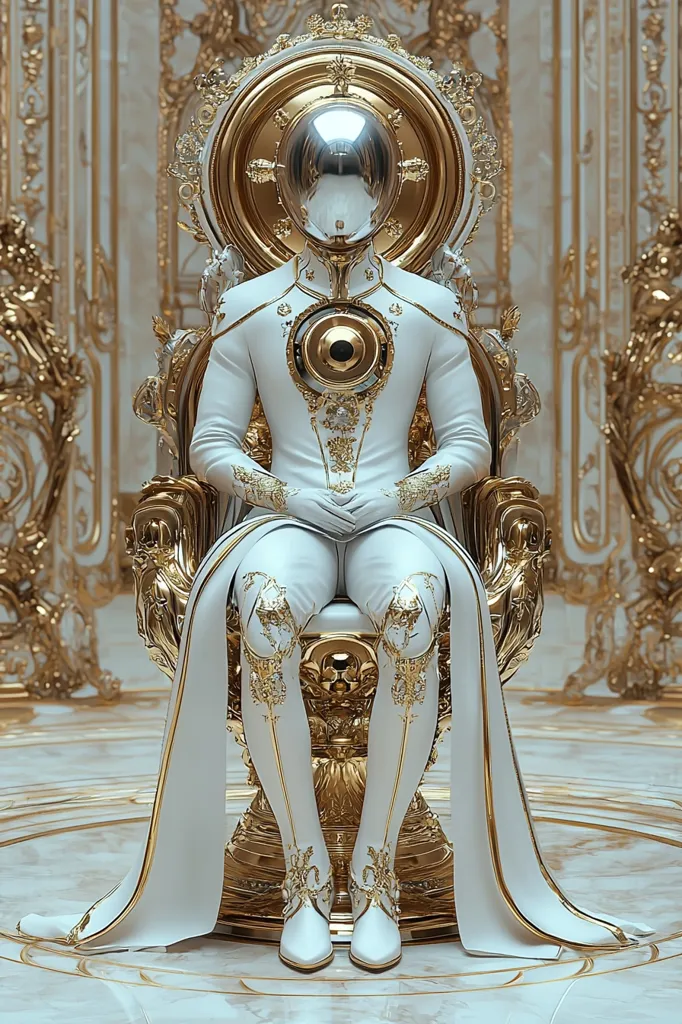 A digital rendering depicts a robotic figure, seemingly regal, seated on an ornate gold throne in an opulent, palatial setting. The figure is clad in a flowing white robe and gilded armor, its head a polished, metallic sphere.  The throne's intricate design mirrors the figure's attire, creating a harmonious blend of futuristic and baroque aesthetics.  The overall scene suggests a powerful, perhaps even divine, presence within a luxurious, technologically advanced environment.