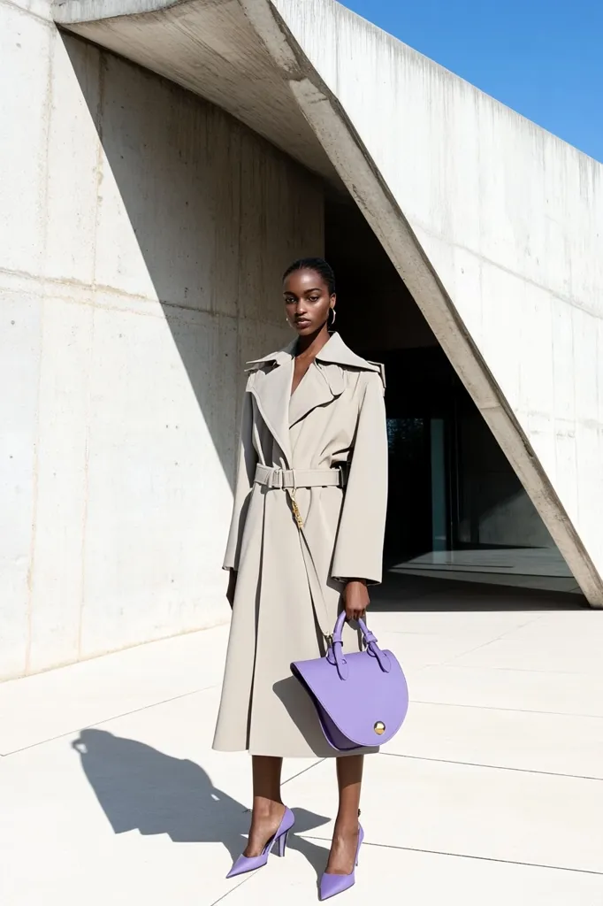 A stylish Black woman stands against a modern concrete backdrop, wearing a light beige trench coat cinched with a belt.  She carries a vibrant lavender half-moon shaped handbag and wears matching lavender pointed-toe heels.  The architectural setting contrasts with the soft color palette of her outfit, creating a sophisticated and chic look.  Her posture is confident and elegant.