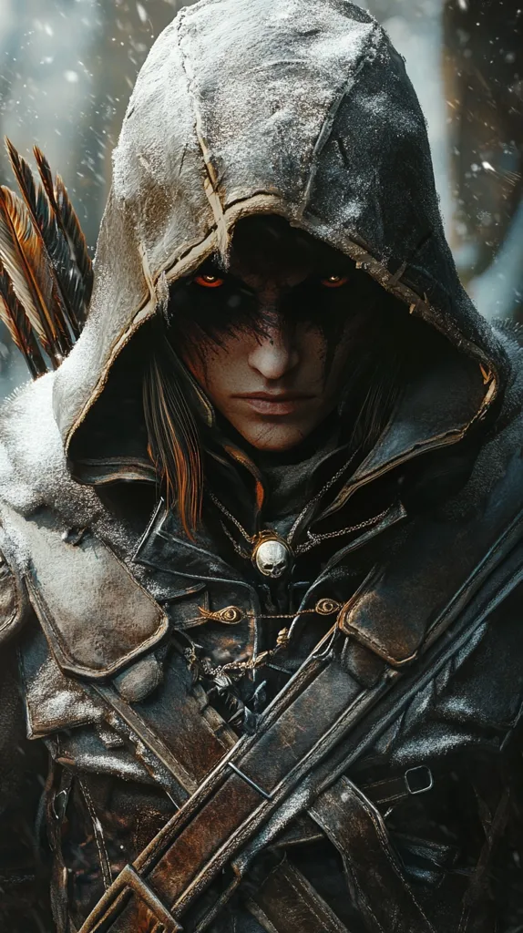The image shows a close-up of a female archer, cloaked and hooded in dark, weathered leather.  Snow dusts her clothing, suggesting a cold, wintry setting. Her face, partially obscured by shadow, reveals intense, glowing orange eyes and markings that hint at battle or ritual.  A quiver of arrows is visible on her back, and intricate leather straps and buckles adorn her attire, hinting at a skilled and seasoned warrior. The overall mood is one of mystery and powerful determination.