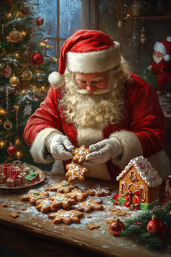 A painting depicts Santa Claus meticulously arranging iced gingerbread star cookies on a table, next to a gingerbread house. He's wearing his traditional red suit and white gloves, his face partially obscured by his long white beard.  A Christmas tree laden with ornaments stands nearby, softly lit, suggesting a warm, cozy atmosphere.  A small elf is visible in the background. The scene exudes festive Christmas cheer and the warmth of home-baking.