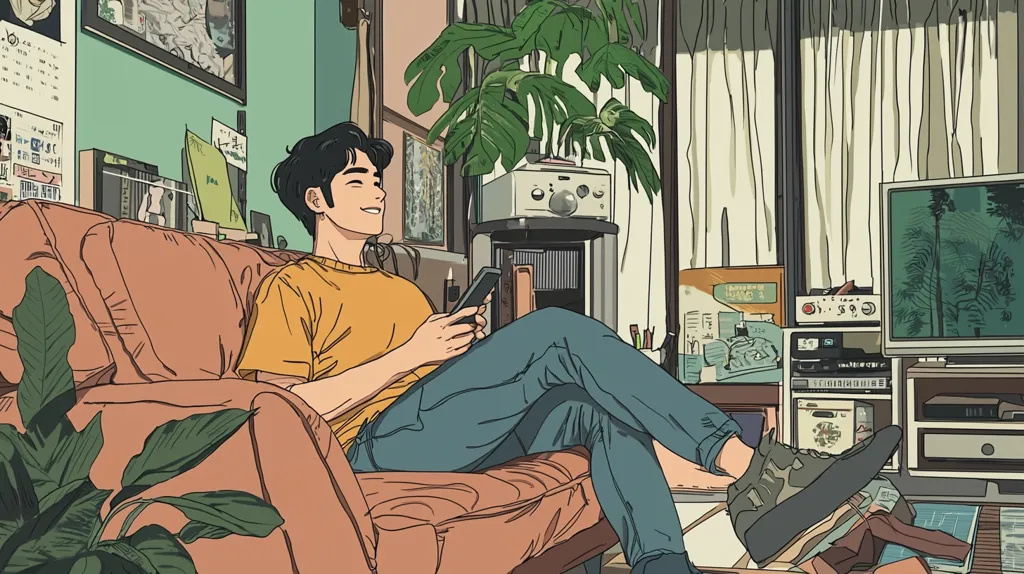 Here's a description of the image:

The illustration depicts a young man with dark hair, relaxed on an orange couch in a cozy, retro-styled room.  He's wearing a mustard yellow t-shirt and blue jeans, casually holding a phone.  The room features various vintage electronics, including a television, stereo system, and what appears to be a VCR.  Potted plants, including a large monstera, add to the room's relaxed, homey atmosphere.  The overall style is reminiscent of  anime or manga, with soft color palettes and detailed linework. The scene suggests a quiet moment of contemplation or relaxation.