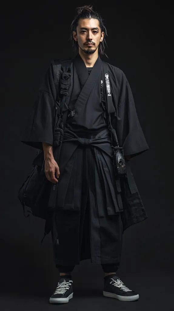 Here is a description of the image:

The image shows a young man with long dark hair tied up in a topknot. He's wearing a modern, dark-colored kimono-inspired outfit. The ensemble consists of a long, loose black top with wide sleeves, layered over black pants.  Functional-looking straps and pouches are attached to the outfit, giving it a tactical or utilitarian edge. His shoes are dark-colored sneakers. The overall aesthetic blends traditional Japanese elements with a contemporary, almost cyberpunk feel. The background is plain black, emphasizing the model and his clothing.  His expression is serious and composed.