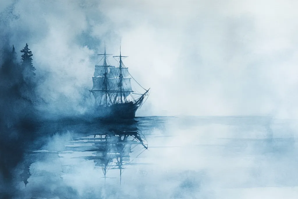 A watercolor painting depicts a three-masted sailing ship on a calm, misty sea. The ship is rendered in dark blues, almost silhouetted against a pale blue, hazy sky and water.  A dark, indistinct shoreline with a few evergreen trees is visible to the left. The ship's reflection is clearly mirrored in the tranquil water, enhancing the ethereal and somewhat mysterious atmosphere. The overall mood is serene yet melancholic.