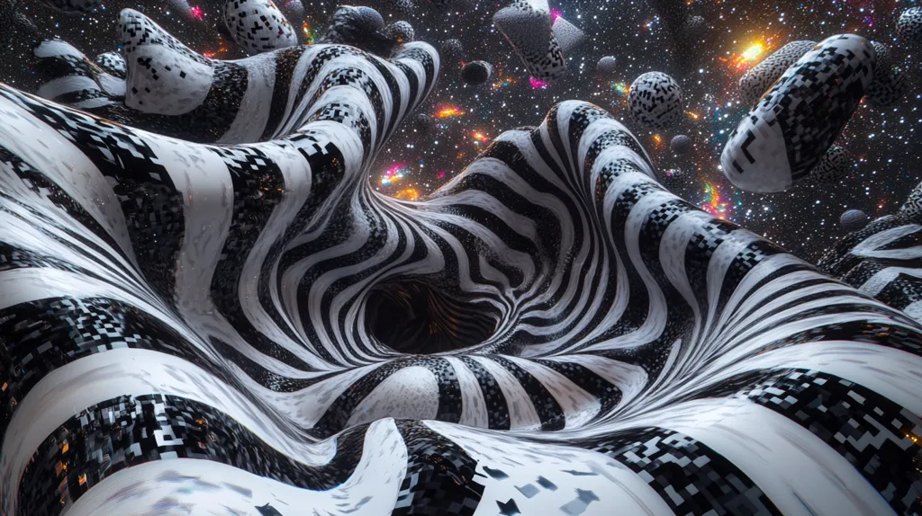 The image depicts a surreal, abstract landscape.  A swirling, black and white, mosaic-like structure dominates the foreground, resembling a vortex or tunnel. Its surface is textured and undulating, creating a sense of depth and movement.  This structure is set against a backdrop of a dark, starry cosmos scattered with colorful nebulae and various spherical objects. The overall effect is one of cosmic wonder and optical illusion, suggesting a journey through space and time.