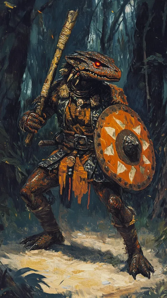 A reptilian humanoid warrior stands in a dark, shadowed forest.  Its orange-brown scaled skin contrasts with the muted greens and browns of the background.  The warrior holds a staff in one hand and carries a round shield with a distinctive orange and white sunburst design.  Leather armor and a fur collar adorn the figure, suggesting a blend of tribal and military attire.  The warrior's intense red eyes add a predatory feel to the overall image, which is painted in a textured, painterly style.