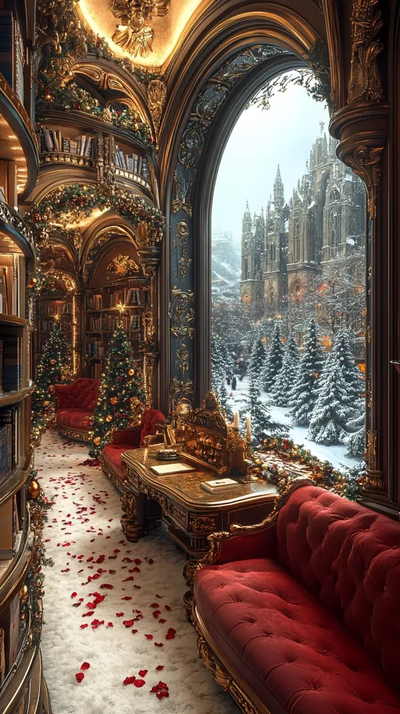 A lavishly decorated library, adorned with Christmas garlands and two ornamented Christmas trees, features a large arched window overlooking a snow-covered city with a majestic cathedral in the background.  Rose petals scatter across a plush white carpet.  Rich, red velvet furniture, including a chaise lounge and ornate sofa, adds to the luxurious ambiance of the room. The overall scene evokes a feeling of opulent holiday cheer.