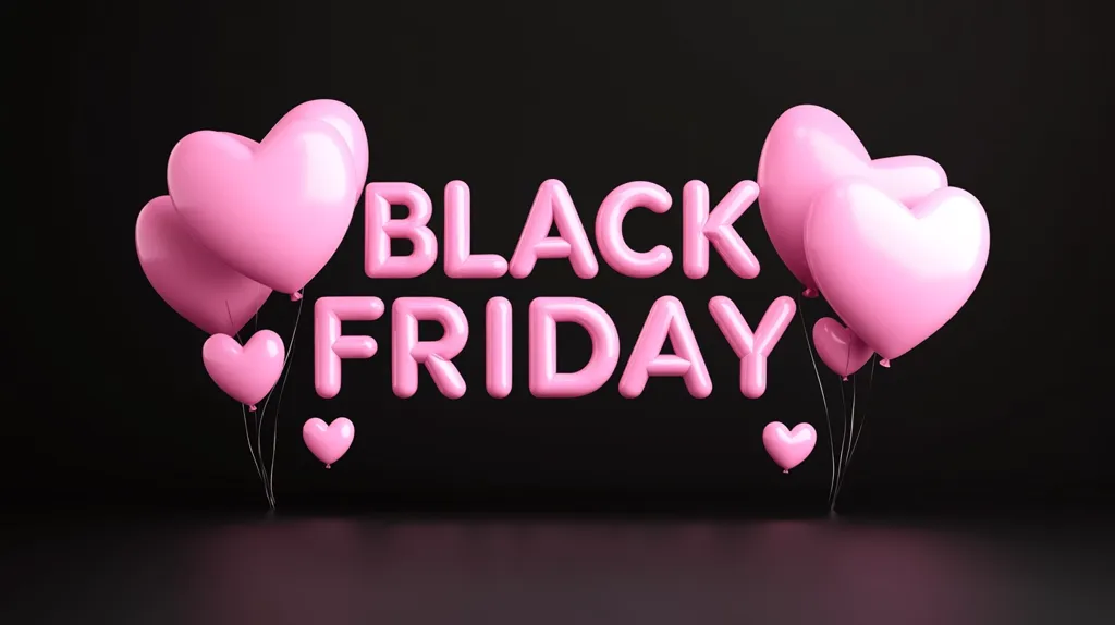 Here's a description of the image:

Against a stark black background, the words "BLACK FRIDAY" are prominently displayed in large, three-dimensional, bubble-gum pink letters.  Several heart-shaped balloons, also pink, are clustered around the lettering, appearing to float and subtly attached to thin, dark strings. The scene is minimalist, emphasizing the text and the contrast between the dark background and the light pink elements. The overall impression is a playful yet sophisticated presentation of the Black Friday sales event.