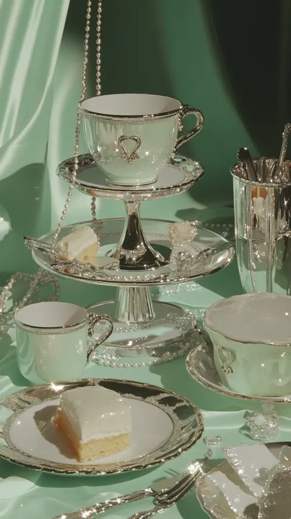 An elegant, mint-green-themed tea party setup is displayed.  Silver tiered cake stands hold delicate pastel-colored teacups and saucers, along with small cakes.  A pearl necklace adds a touch of sparkle.  The scene is bathed in soft light, creating a luxurious and serene atmosphere.  The overall style is refined and aesthetically pleasing.