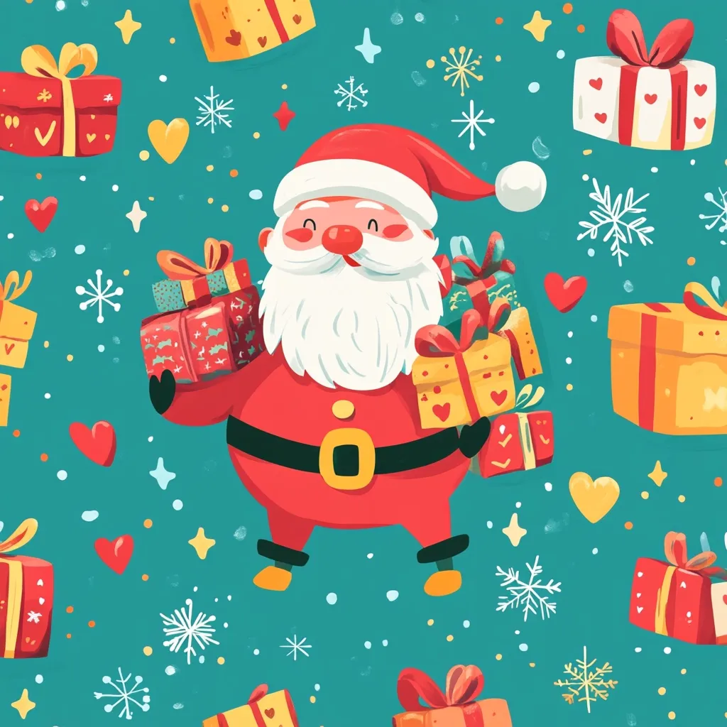 A cheerful Santa Claus, depicted in a cartoon style, stands at the center, carrying a stack of festively wrapped presents.  He's surrounded by a teal background scattered with smaller gifts, snowflakes, hearts, and stars. The overall style is playful and vibrant, perfect for holiday greetings or wrapping paper.  The illustration uses bold colors and simple shapes to create a cheerful and whimsical Christmas scene.