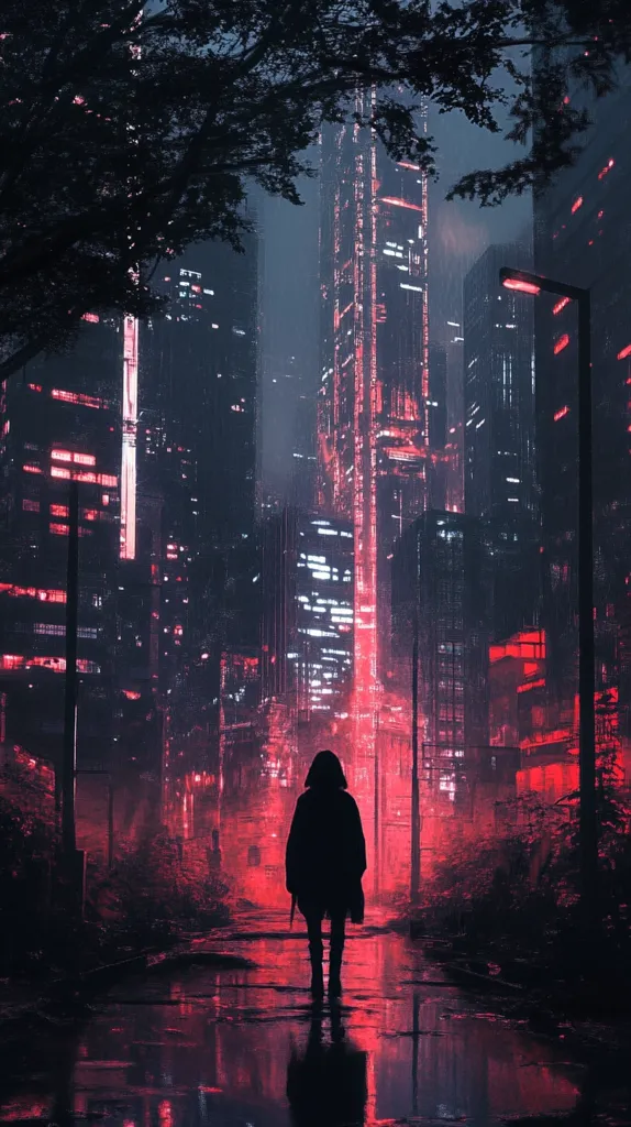 The image depicts a lone, silhouetted figure in a hooded coat walking down a rain-slicked street in a futuristic, cyberpunk-style city.  Tall, dark buildings glow with vibrant red and white lights, creating a dramatic, almost dystopian atmosphere.  Overgrown vegetation lines the street, adding a sense of decay or abandonment. The overall mood is somber and mysterious, with the figure seeming lost or isolated within the vibrant yet ominous cityscape.