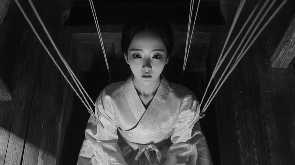 A black and white, high-angle shot depicts a young woman in traditional Korean clothing.  She sits in a dark, wooden structure, her serene yet serious expression contrasting with the stark setting.  Several strings hang down from above, seemingly connected to her, creating a sense of confinement or ritual. The image evokes a feeling of mystery and possibly alludes to themes of tradition, control, or confinement.  The overall mood is somber and contemplative.