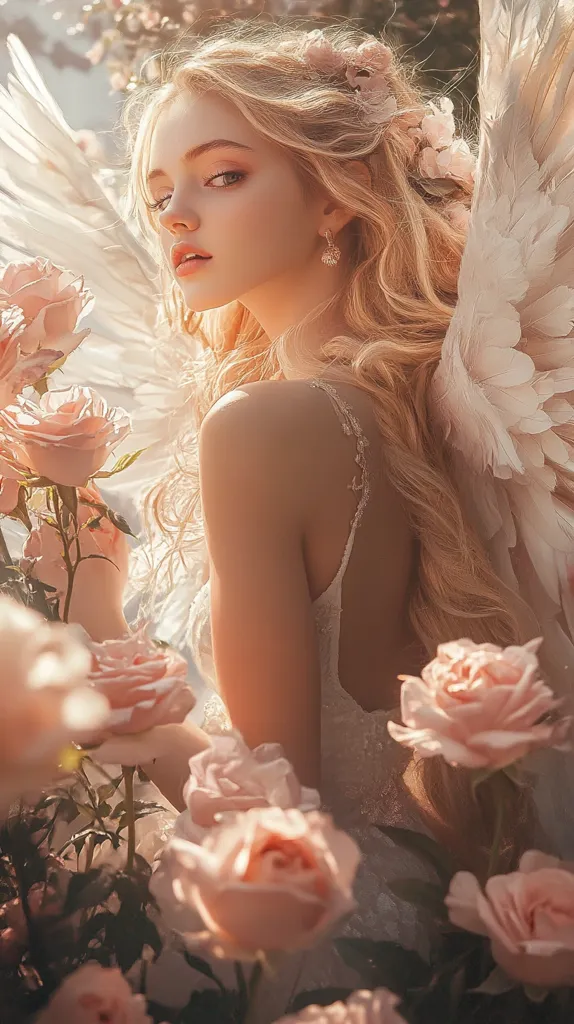A blonde woman with large, feathery white wings is depicted in a dreamy, ethereal setting. She wears a delicate, light-colored dress and has flowers woven into her hair.  Her expression is serene, and she gently holds a rose.  Soft, pastel-toned roses surround her, creating a romantic and otherworldly atmosphere.  The image evokes a sense of innocence and beauty.