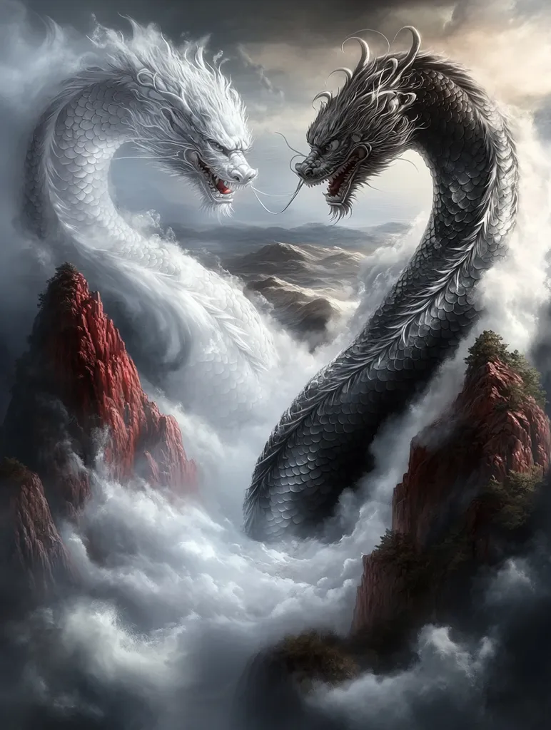 A breathtaking digital painting showcases two majestic dragons, one white and one black, positioned in a heart shape amidst a dramatic mountainous landscape.  Swirling clouds envelop the dragons, creating a mystical and ethereal atmosphere.  The dragons' heads are turned toward each other, suggesting a powerful connection or confrontation.  Red-hued mountains punctuate the cloudy scene, adding depth and contrast to the overall composition. The image evokes a sense of power, mystery, and possibly duality.