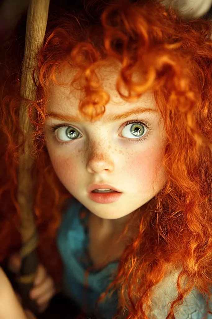 Here's a description of the image:

Close-up portrait of a young girl with vibrant, curly red hair that cascades around her face.  Her skin is fair, adorned with freckles, and her large, expressive green eyes are wide.  She has rosy cheeks and a slightly surprised or apprehensive expression. She wears a teal-colored top. The background is dark and slightly out of focus, drawing attention to the girl's striking features. The overall impression is one of youthful beauty and captivating innocence.