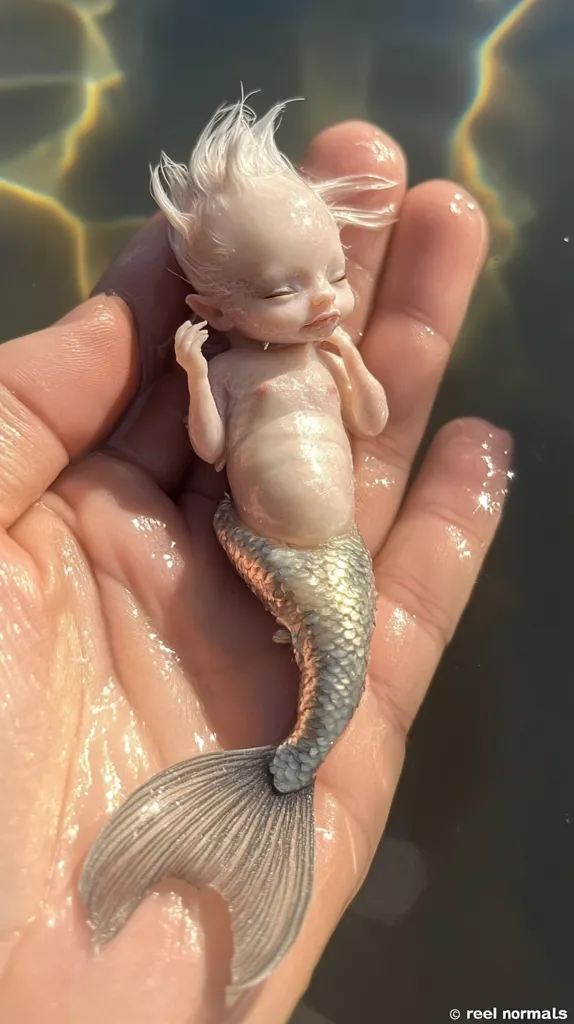 Here's a description of the image:

A hand gently cradles a meticulously crafted baby mermaid doll.  The doll, with pale skin and spiky white hair, has a serene expression. Its fish-like tail is silvery-grey, detailed with delicate scales. The scene is softly lit, with the water's surface shimmering around the doll, creating a dreamlike, ethereal atmosphere. The overall impression is one of delicate beauty and gentle fantasy.