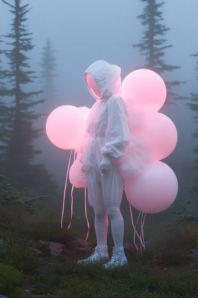 A figure in a white hooded jumpsuit stands in a misty forest, its back adorned with a cluster of glowing pink balloons. The scene is ethereal and dreamlike, with soft lighting and a muted color palette. The balloons, seemingly weightless, contrast with the grounded figure, creating a sense of mystery and wonder.  The overall mood is serene yet slightly surreal, like a still from a fantasy film.