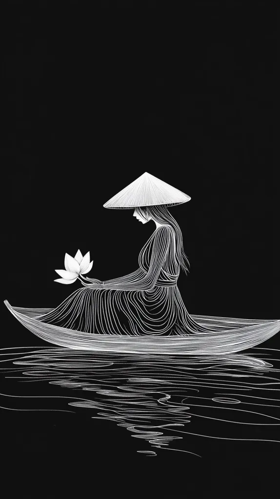 A minimalist line drawing depicts a serene woman in a conical hat, seated in a slender boat on dark water.  She holds a lotus flower. The style is elegant and stylized, with white lines on a black background creating a striking contrast.  The image evokes a sense of peace and tranquility, perhaps referencing Asian art and culture. The simplicity of the lines focuses attention on the woman's quiet pose and the delicate flower.
