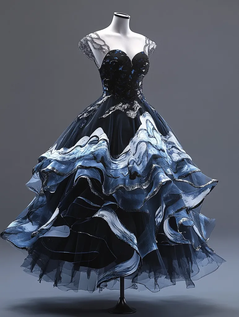 A stunning dark blue gown, displayed on a mannequin, commands attention.  The bodice, a sweetheart neckline embellished with sparkling details, transitions into a full, layered skirt.  The skirt features a striking blue and white abstract wave print, cascading in ruffled layers of tulle.  The sleeveless design and overall silhouette suggest a formal occasion dress, possibly for a prom or gala. The gown is elegant and dramatic in its design and color scheme.