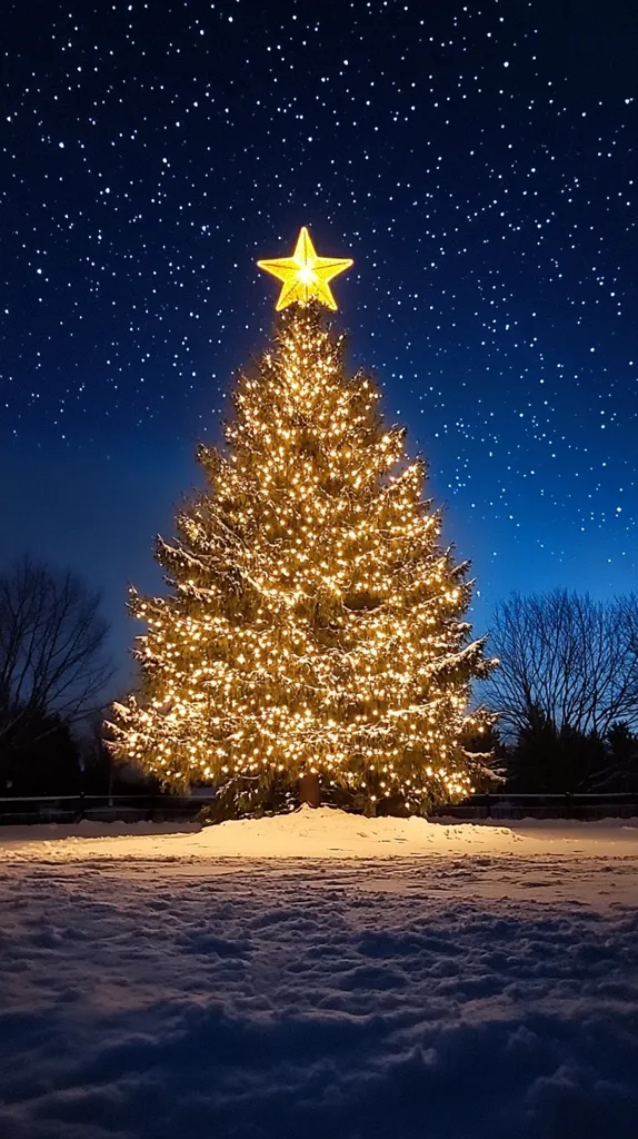 A large, snow-covered Christmas tree stands majestically under a starlit night sky.  Thousands of warm, golden lights illuminate the tree, creating a magical glow.  A bright yellow star sits atop the tree.  Bare, dark trees surround the scene in the background, contrasting with the bright festive tree.  The ground is blanketed with a layer of undisturbed snow. The overall ambiance is peaceful and serene, capturing the essence of a quiet Christmas Eve.