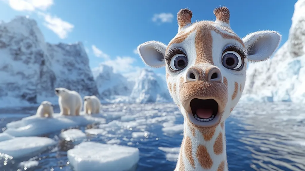 A close-up shot features a cartoon giraffe's face, eyes wide with a surprised expression, its mouth open. The background is blurred but shows a stark Arctic landscape with polar bears on a melting ice floe in icy blue waters, and snow-covered mountains. The contrast between the warm-toned giraffe and the cold, snowy environment creates a striking visual. The image suggests a narrative about unexpected encounters or environmental change.