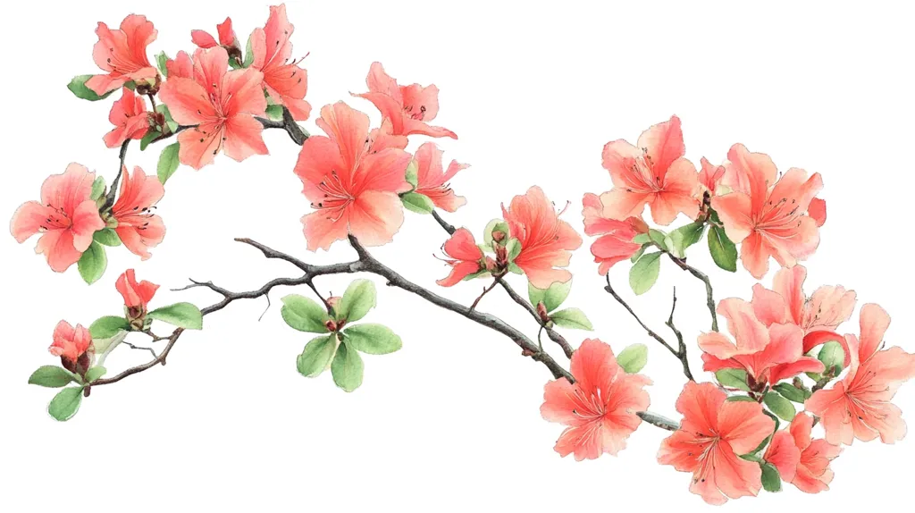 A delicate watercolor painting showcases a branch of peach-colored azaleas.  The blossoms, rendered with soft washes of color, vary in stages of bloom, from tightly furled buds to fully opened flowers.  The branch, dark and somewhat gnarled, provides a stark contrast to the vibrant flowers and light green leaves. The overall effect is one of gentle beauty and springtime delicacy, set against a stark white background.