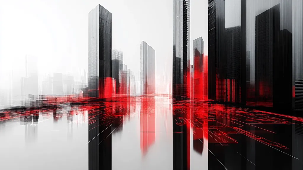 The image is an abstract representation of a city, rendered in shades of gray, black, and red.  Tall skyscrapers dominate the foreground and background, with a reflective surface that mirrors the buildings and features a grid-like pattern in red, suggesting digital infrastructure or a network.  The overall effect is one of futuristic urban density and technological integration, creating a sense of both sleekness and underlying energy. The grayscale cityscape is punctuated by vibrant red accents, drawing the eye to the digitally-enhanced ground plane.