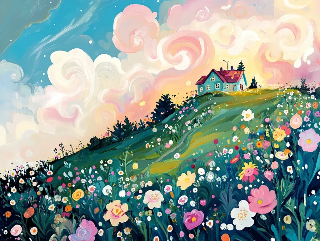 A whimsical painting depicts a teal house perched atop a vibrant, flower-filled hill.  The hillside explodes with a profusion of colorful blooms in various shades of pink, white, and yellow. Above, a swirling, pastel sky blends pink and blue, creating a dreamy, almost fantastical atmosphere. The style is loose and expressive, with visible brushstrokes contributing to the overall cheerful and imaginative feel. The scene evokes a sense of peaceful tranquility and idyllic beauty.