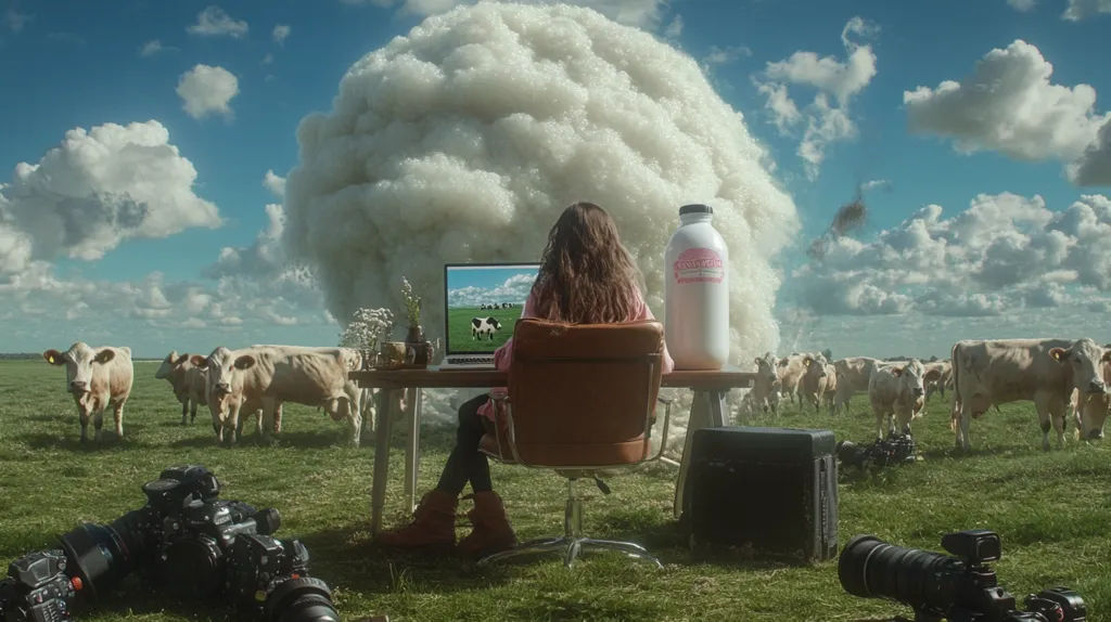 Here's a description of the image:

A young woman sits at a desk outdoors in a field of cows, facing a laptop displaying a pastoral scene.  Behind her looms a massive, billowing cloud resembling a giant scoop of whipped cream, next to a large bottle of milk.  Several professional cameras are positioned on the grass, suggesting a film shoot.  The scene is surreal and whimsical, blending reality with fantasy elements. The overall ambiance is serene yet intriguing, possibly hinting at a commercial or artistic project.