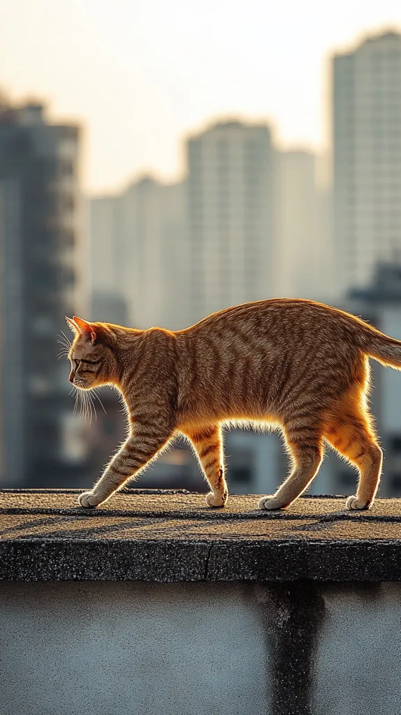 A ginger tabby cat strides across a rooftop, its fur illuminated by the golden light of the setting sun.  The backdrop is a softly blurred cityscape of tall buildings, suggesting an urban setting. The cat's silhouette is sharp against the out-of-focus background, drawing attention to its graceful movement and the texture of its coat. The scene evokes a sense of tranquility and urban wildlife.