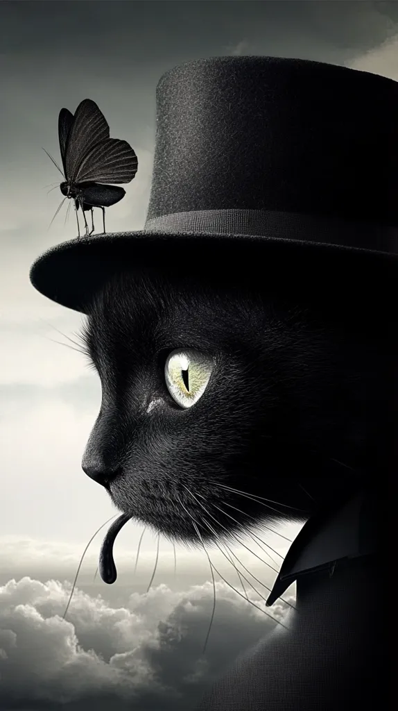 Here is a description of the image:

A striking monochrome close-up captures a black cat, elegantly adorned in a top hat, its gaze directed towards the horizon.  A black butterfly rests delicately atop the hat. The cat's profile is sharp, highlighting its sleek fur and piercing eye. Its tongue protrudes slightly, adding a touch of whimsy. The background is a softly diffused sky filled with clouds, providing a dramatic contrast to the dark cat.  The overall mood is sophisticated, mysterious, and slightly surreal.
