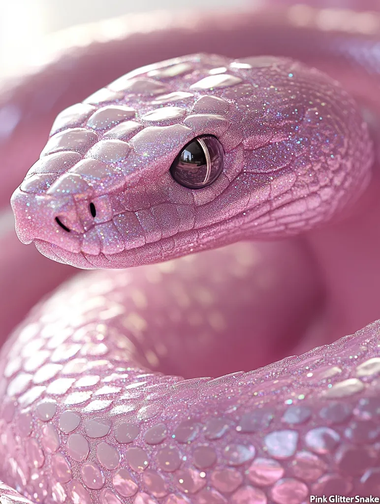 Here's a description of the image:

Close-up view of a pink glitter snake.  Its scales shimmer with a light pink and iridescent glitter finish. The snake's head is in sharp focus, showcasing its eye and textured scales.  The body coils gently, continuing the pattern of glittering pink scales. The overall impression is one of artificial, fantastical beauty, rather than a depiction of a real snake. The image is bright and well-lit, enhancing the sparkle of the glitter.  A watermark in the bottom right corner reads "Pink Glitter Snake".