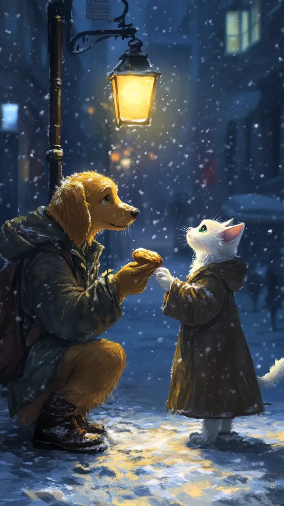 A heartwarming winter scene depicts a golden retriever and a white cat, anthropomorphized in coats, sharing a treat under a snow-covered lamppost.  Snow gently falls, illuminating the pair in the soft glow of the streetlight.  The dog, crouching, offers a pastry to the cat, who accepts with delicate paws.  The background suggests a quiet, snowy city street at night. The image evokes feelings of warmth, kindness, and the simple joys of friendship in a wintry setting.