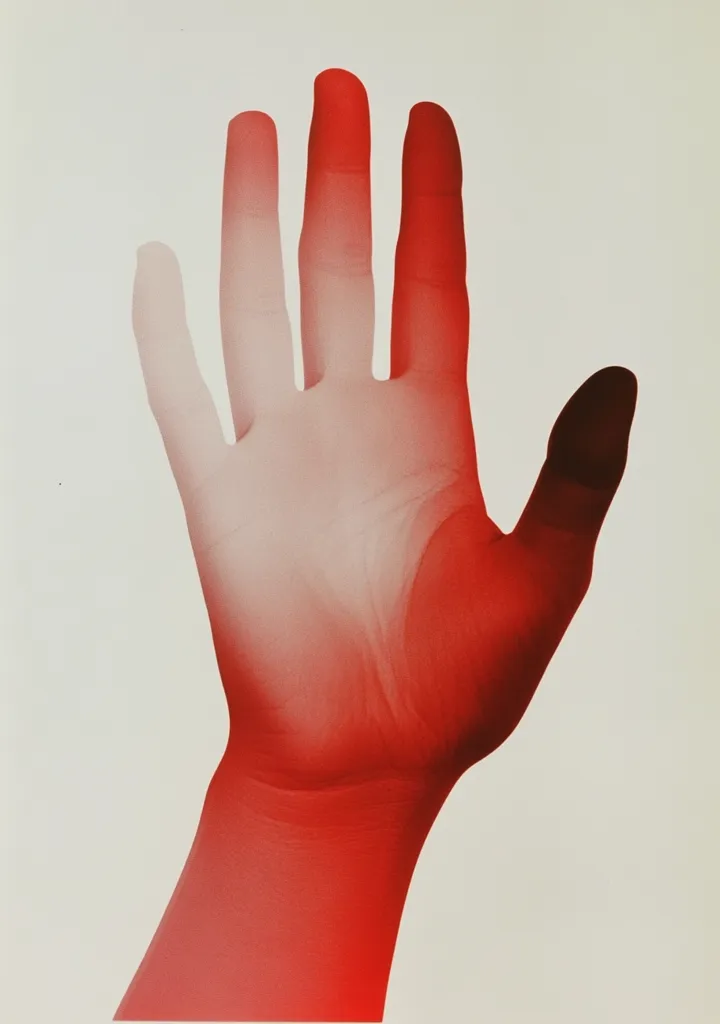 The image shows a stylized photograph of a human hand presented palm outward.  The hand is rendered in shades of red, transitioning from a pale, almost white hue at the fingertips to a deep crimson at the wrist. The effect is reminiscent of a heat map or a thermal image, emphasizing the gradation of color and the overall shape of the hand. The background is a plain, off-white. The image is striking due to its simplicity and the powerful visual contrast created by the red tones against the neutral backdrop.