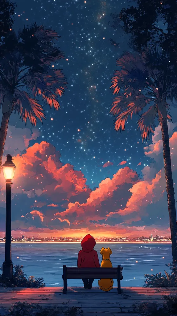 Here's a description of the image:

The illustration depicts a serene night scene. A person in a red hooded jacket sits on a park bench beside a small dog, both gazing out at a calm body of water. A distant city skyline is visible on the horizon, under a sky filled with stars and soft, pink-hued clouds. Two palm trees flank the scene, their silhouettes emphasized against the vibrant twilight.  A lone lamppost casts a gentle glow, adding to the peaceful atmosphere. The overall style is reminiscent of anime or digital art, with a focus on soft colors and emotional tranquility.
