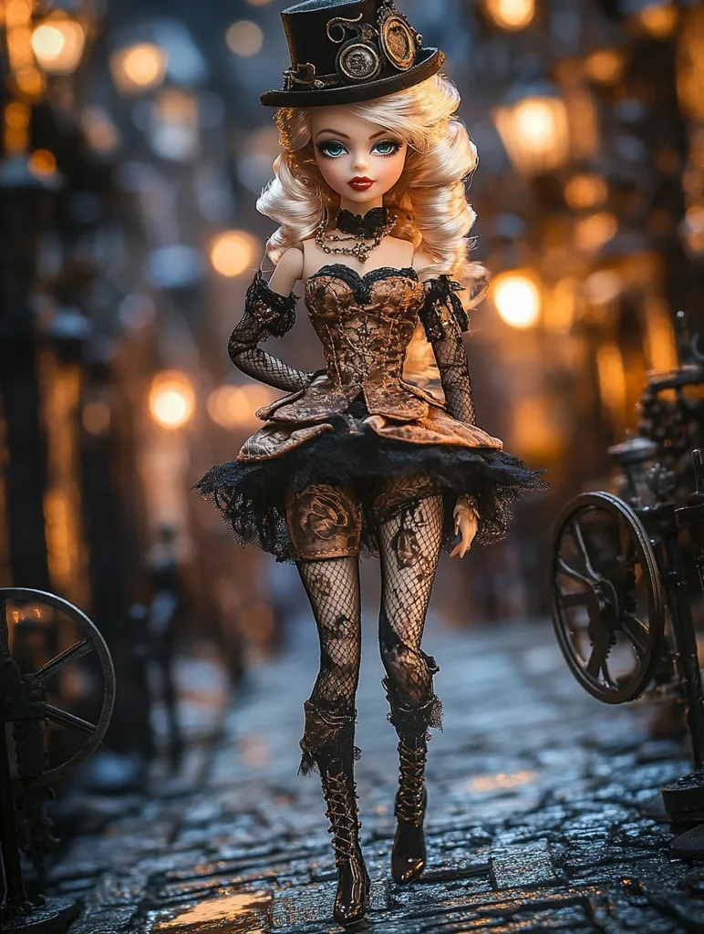 A meticulously crafted fashion doll, styled in steampunk attire, stands on a cobblestone street. She sports a top hat adorned with gears, a gold corset, black lace detailing, fishnet stockings with intricate designs, and tall boots.  The background suggests a dimly lit, industrial setting with bokeh lights, enhancing the doll's dramatic presence. The overall aesthetic is one of gothic elegance mixed with technological flair.
