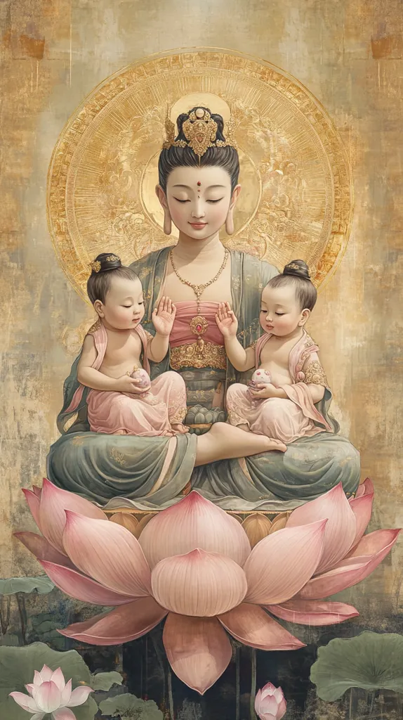 A serene painting depicts Guan Yin, the Buddhist Bodhisattva of Compassion, seated on a large pink lotus blossom.  She is adorned in elegant flowing robes and a jeweled crown.  Two infants, possibly representing  the embodiment of compassion and wisdom, flank her, cradled in her lap.  A golden halo radiates behind her, enhancing the ethereal and peaceful ambiance of the artwork.  The style is reminiscent of classical Chinese painting with subtle details and muted colors.