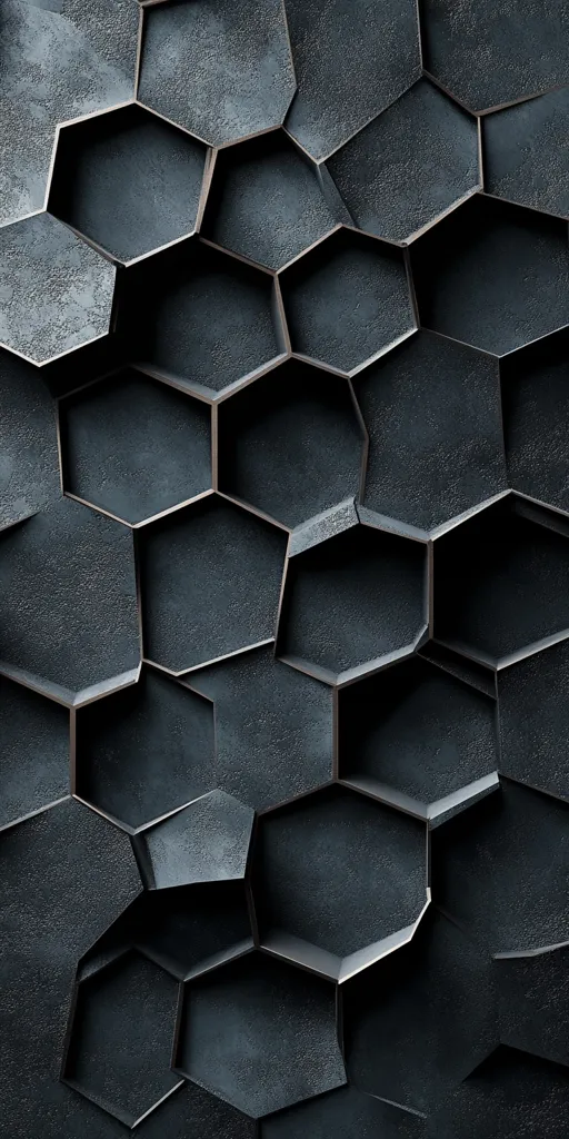 The image showcases a textured, abstract pattern resembling a honeycomb.  Dark grey, almost black, hexagonal shapes are tightly interwoven, creating a three-dimensional effect.  The hexagons appear slightly irregular, with subtle variations in size and shape, and are outlined with thin, metallic lines. The surface texture suggests a rough, possibly stone-like or metallic material.  The overall impression is one of industrial-chic design or a futuristic, geometric landscape.