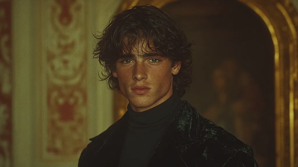 Here's a description of the image:

Close-up portrait of a young man with shoulder-length, slightly wavy dark hair. He has fair skin with freckles, and his expression is serious and direct. He's wearing a dark, possibly velvet, jacket over a black turtleneck. The background is blurred but shows an ornate, gold-framed painting or mirror, suggesting a classical or antique setting. The overall mood is moody and sophisticated. The lighting is warm and somewhat muted, enhancing the dramatic effect.