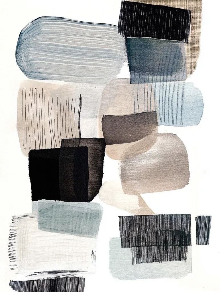The abstract artwork is composed of layered, textured shapes in muted tones of gray, beige, and black.  Brushstrokes are visible, suggesting a fluid application of paint.  Rectangular and organic forms overlap, creating depth and visual interest.  Linear markings add a graphic element, contrasting with the softer painted areas. The overall effect is one of calm and understated elegance.