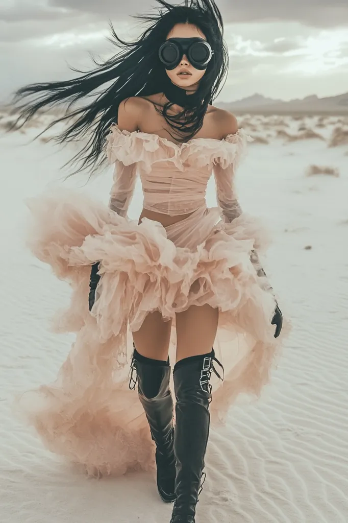A woman with long black hair, wearing large goggles, strolls across a white sandy desert.  Her outfit is a pale pink, ruffled off-the-shoulder dress and long black boots. The dress is voluminous and flows behind her as she walks, creating a dramatic contrast against the stark landscape. The overall style blends romantic elements with a touch of steampunk, creating a striking and memorable image.