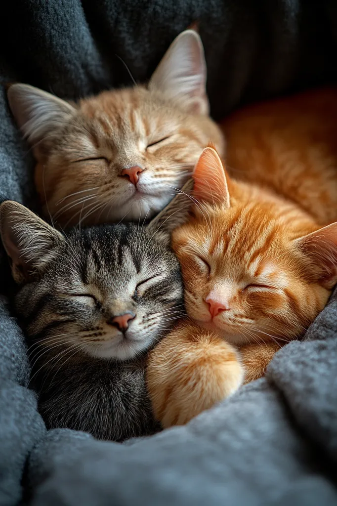 Three adorable kittens, nestled together in a soft gray blanket, are fast asleep.  Two ginger kittens, one slightly larger, are positioned on either side of a smaller tabby kitten. Their eyes are closed, and their peaceful expressions convey a sense of warmth and contentment. The soft focus and muted tones enhance the image's cozy atmosphere. The scene is heartwarming and evokes feelings of comfort and companionship.