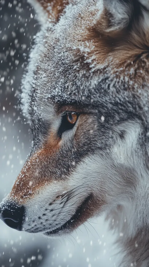 Here's a description of the image:

Close-up profile view of a wolf's head and neck, its fur dusted with snowflakes.  The wolf's coat is a blend of gray, brown, and white, with hints of reddish-brown around its muzzle. Its amber eye is partially visible, conveying a sense of alertness or contemplation.  Snow falls softly around the wolf, creating a serene, wintery atmosphere. The focus is sharp on the wolf's face, blurring the background slightly. The image evokes a feeling of wild beauty and the cold stillness of winter.