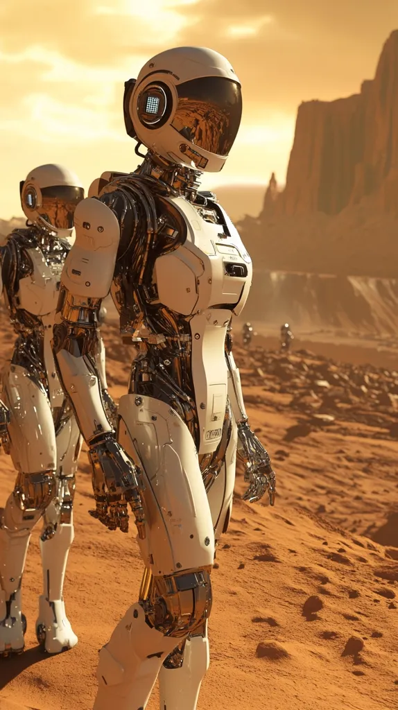 Two humanoid robots, predominantly white with gold accents, traverse a Martian landscape.  The foreground robot is sharply in focus, its intricate mechanical details visible.  The background robot is slightly blurred, suggesting depth.  The Martian terrain is reddish-brown, with rocky outcrops and a distant canyon under a sunset sky.  Other smaller robotic figures are visible in the far distance, suggesting a group exploration or mission. The scene evokes a sense of futuristic exploration and robotic advancement.