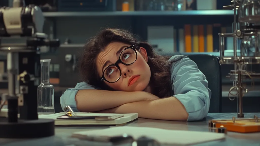 A young woman with dark, wavy hair and glasses rests her head on her folded arms on a lab table. She looks tired or bored, gazing upward with a slightly disgruntled expression.  The lab setting includes scientific equipment, including a microscope and glassware, suggesting a late night or moment of exhaustion during scientific work. The overall mood is one of weariness amidst a scientific environment.