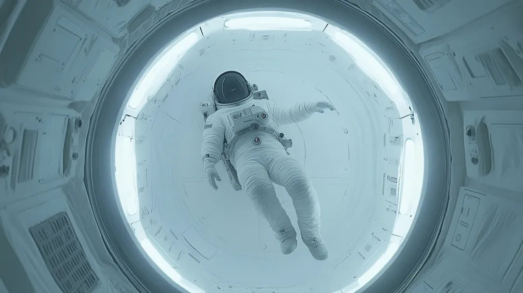 The image shows an astronaut floating in a circular, white spacecraft compartment.  The astronaut is in a spacesuit, arms outstretched, appearing weightless against the pale blue-tinged walls.  The interior of the spacecraft is minimalist and clean, with smooth, curved surfaces and minimal visible equipment.  The overall tone is serene yet isolated, emphasizing the astronaut's solitude in space. The lighting is soft and diffuse, creating a contemplative atmosphere.