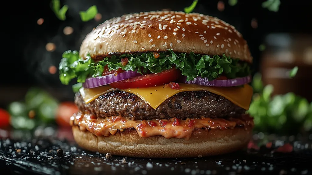 Here's a description of the image:

A juicy cheeseburger takes center stage, its sesame seed bun cradling a perfectly seared beef patty.  Melted cheddar cheese drapes over the patty, complemented by layers of red onion, tomato, and crisp lettuce. A vibrant, spicy-looking sauce adds a final touch of color and texture.  The burger sits on a dark surface sprinkled with seasoning, with blurred greenery and additional seasonings in the background, suggesting a freshly prepared, appetizing meal.  The overall composition emphasizes the burger's deliciousness and texture.