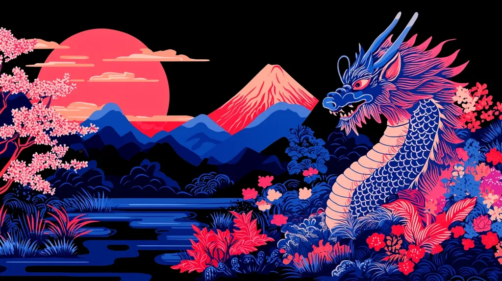 A vibrant, stylized artwork depicts a Japanese landscape at sunset.  A large, blue and pink dragon dominates the right, nestled amongst lush, flowering plants.  Mount Fuji, rendered in shades of pink and blue, rises majestically in the background, framed by a large, crimson sun.  Cherry blossoms bloom on a tree to the left, beside a tranquil body of water reflecting the colorful sky.  The overall aesthetic is a blend of traditional Japanese art with a modern, bold color palette.