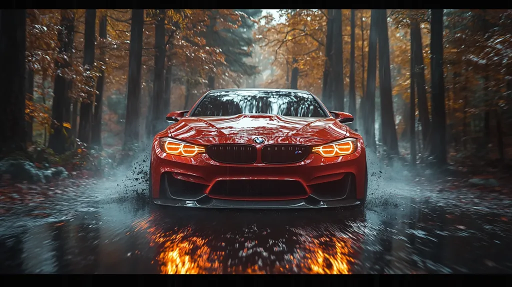 A vibrant red BMW M3, seemingly a high-performance model, speeds down a rain-slick forest road.  The car is the focal point, sharply in focus, while the autumnal background of tall trees blurs with motion.  Water splashes dramatically from the tires, and an effect of fire or intense light trails behind the car, adding a dynamic and exciting feel.  The scene is dark and moody, with the car's headlights piercing the gloom.