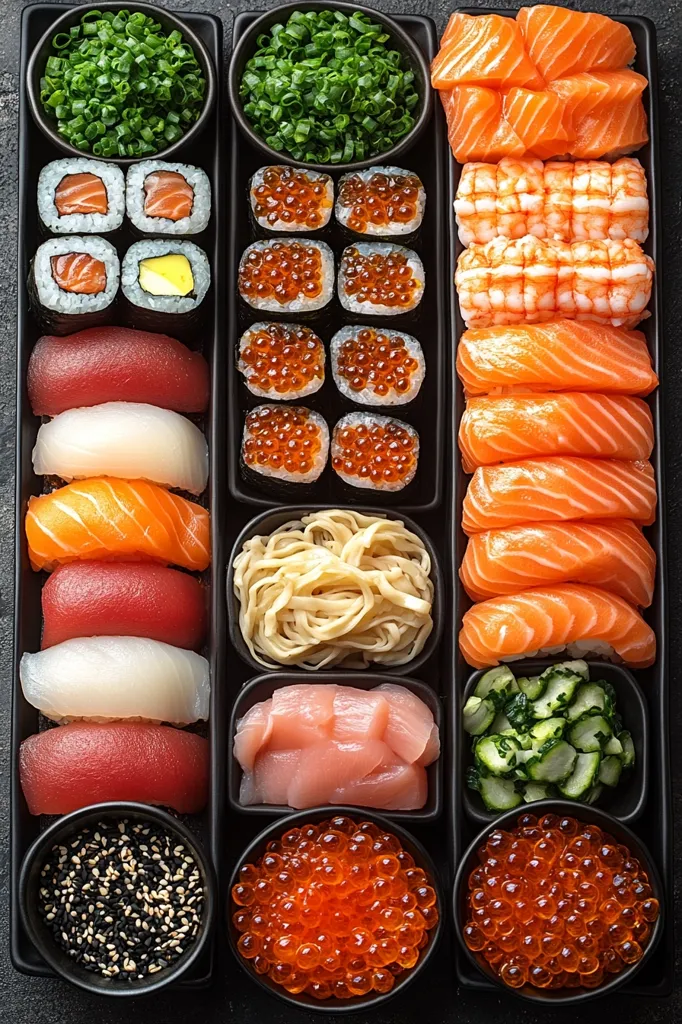 Here's a description of the image:

An overhead shot showcases an assortment of sushi meticulously arranged in black rectangular containers.  The selection includes various types of sushi rolls, nigiri (with tuna, salmon, and white fish),  sashimi (salmon), cooked shrimp, and an array of garnishes like chopped scallions, seasoned seaweed salad, and two types of fish roe.  The presentation is neat and visually appealing, highlighting the freshness and vibrancy of the ingredients.  A serving of noodles is also present, completing the rich display of Japanese cuisine.